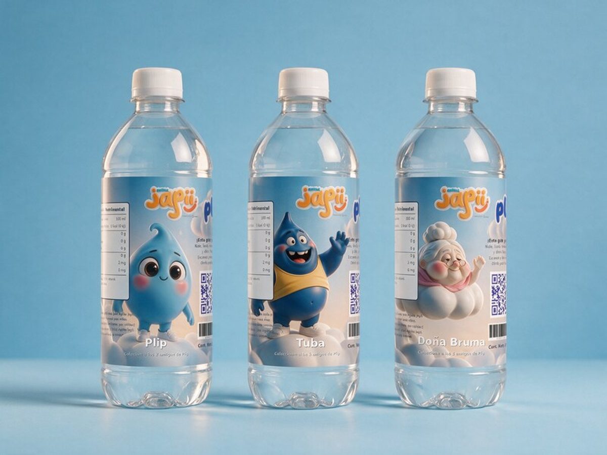 Botellas de Agüita Japii con Plip, Tuba y Doña Bruma